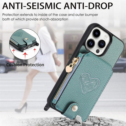 For iPhone 15 Pro Crossbody Love Zipper Leather Back Phone Case(Green) - iPhone 15 Pro Cases by buy2fix | Online Shopping UK | buy2fix
