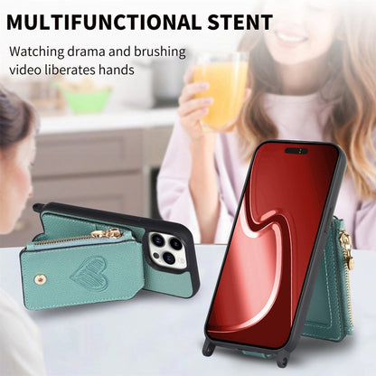 For iPhone 15 Pro Crossbody Love Zipper Leather Back Phone Case(Green) - iPhone 15 Pro Cases by buy2fix | Online Shopping UK | buy2fix