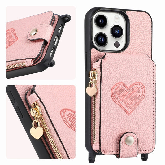 For iPhone 15 Pro Crossbody Love Zipper Leather Back Phone Case(Pink) - iPhone 15 Pro Cases by buy2fix | Online Shopping UK | buy2fix