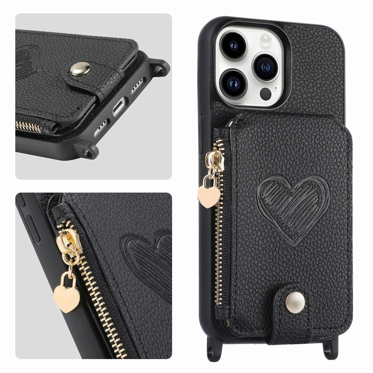For iPhone 15 Pro Crossbody Love Zipper Leather Back Phone Case(Black) - iPhone 15 Pro Cases by buy2fix | Online Shopping UK | buy2fix