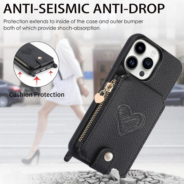 For iPhone 15 Pro Crossbody Love Zipper Leather Back Phone Case(Black) - iPhone 15 Pro Cases by buy2fix | Online Shopping UK | buy2fix