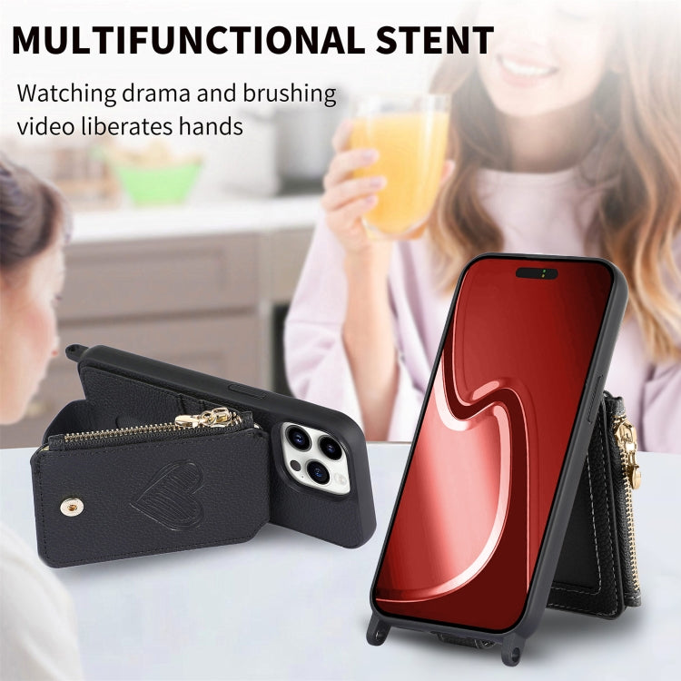 For iPhone 15 Pro Crossbody Love Zipper Leather Back Phone Case(Black) - iPhone 15 Pro Cases by buy2fix | Online Shopping UK | buy2fix