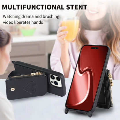 For iPhone 15 Pro Crossbody Love Zipper Leather Back Phone Case(Black) - iPhone 15 Pro Cases by buy2fix | Online Shopping UK | buy2fix