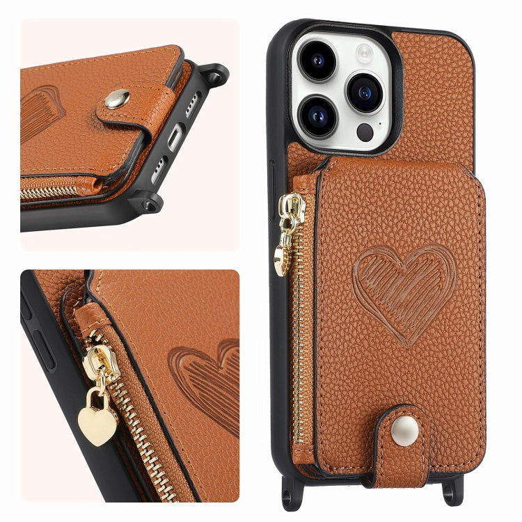 For iPhone 15 Pro Crossbody Love Zipper Leather Back Phone Case(Brown) - iPhone 15 Pro Cases by buy2fix | Online Shopping UK | buy2fix