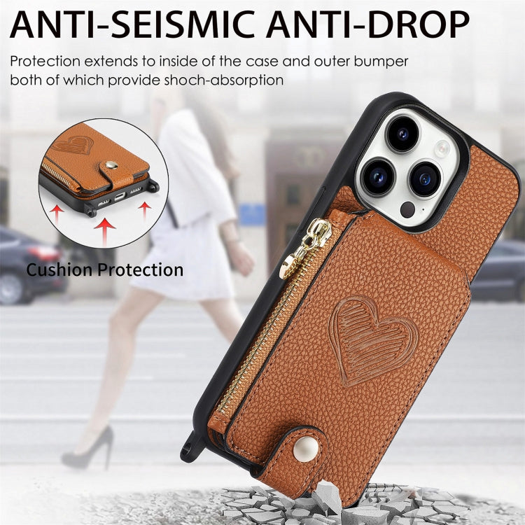 For iPhone 15 Pro Crossbody Love Zipper Leather Back Phone Case(Brown) - iPhone 15 Pro Cases by buy2fix | Online Shopping UK | buy2fix
