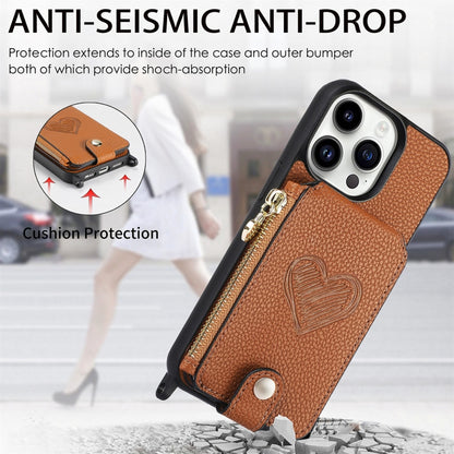 For iPhone 15 Pro Crossbody Love Zipper Leather Back Phone Case(Brown) - iPhone 15 Pro Cases by buy2fix | Online Shopping UK | buy2fix