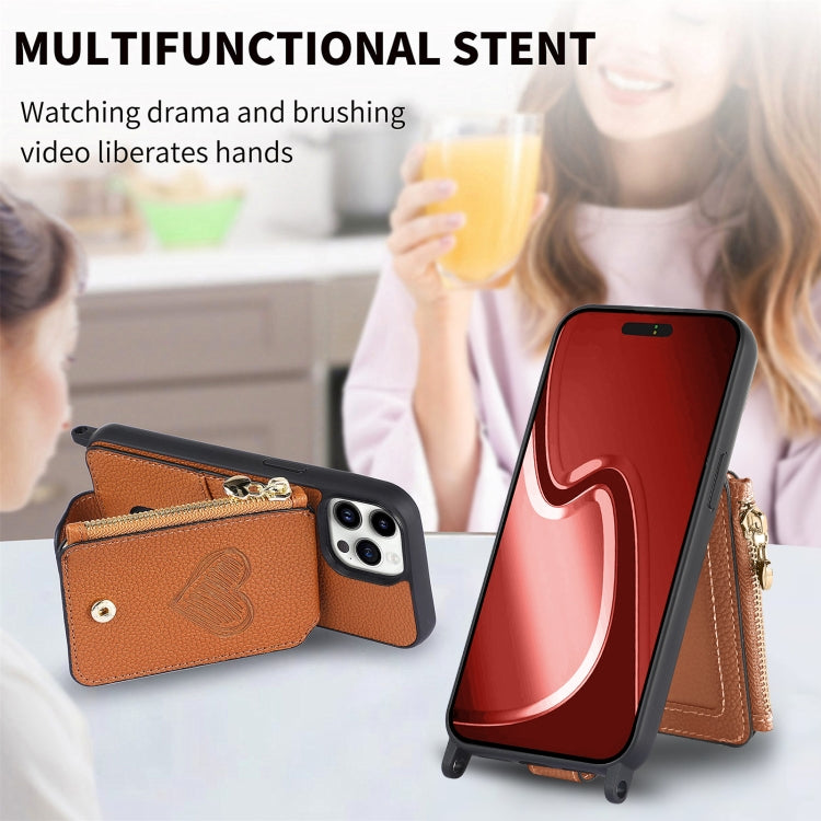 For iPhone 15 Pro Crossbody Love Zipper Leather Back Phone Case(Brown) - iPhone 15 Pro Cases by buy2fix | Online Shopping UK | buy2fix