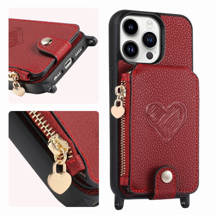 For iPhone 15 Pro Crossbody Love Zipper Leather Back Phone Case(Red) - iPhone 15 Pro Cases by buy2fix | Online Shopping UK | buy2fix
