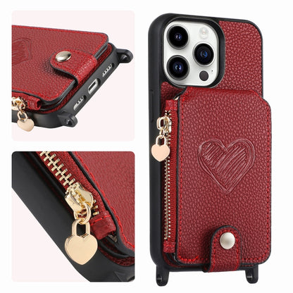 For iPhone 15 Pro Crossbody Love Zipper Leather Back Phone Case(Red) - iPhone 15 Pro Cases by buy2fix | Online Shopping UK | buy2fix