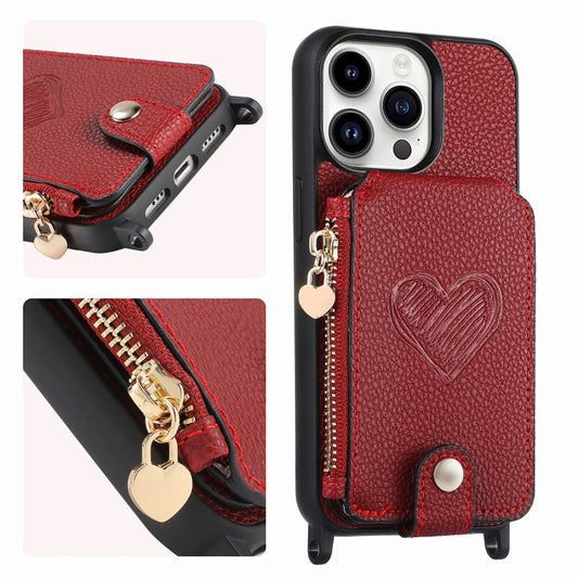 For iPhone 15 Pro Crossbody Love Zipper Leather Back Phone Case(Red) - iPhone 15 Pro Cases by buy2fix | Online Shopping UK | buy2fix