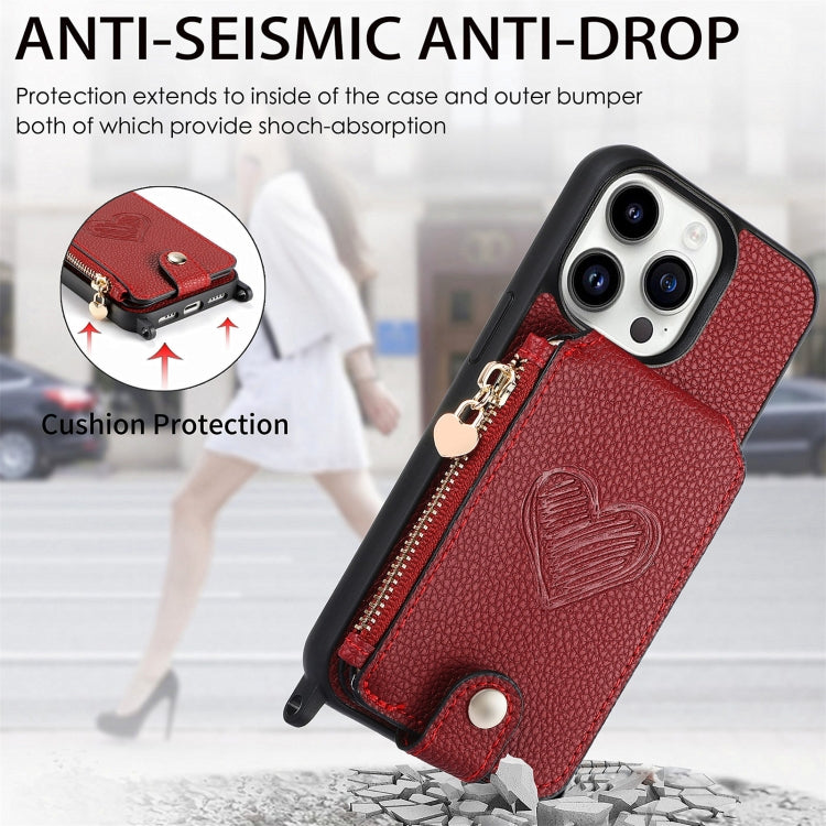 For iPhone 15 Pro Crossbody Love Zipper Leather Back Phone Case(Red) - iPhone 15 Pro Cases by buy2fix | Online Shopping UK | buy2fix