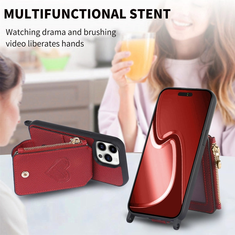 For iPhone 15 Pro Crossbody Love Zipper Leather Back Phone Case(Red) - iPhone 15 Pro Cases by buy2fix | Online Shopping UK | buy2fix