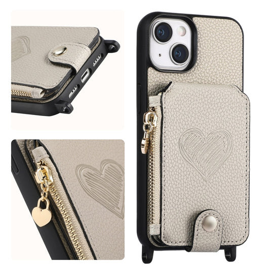 For iPhone 15 Crossbody Love Zipper Leather Back Phone Case(White) - iPhone 15 Cases by buy2fix | Online Shopping UK | buy2fix