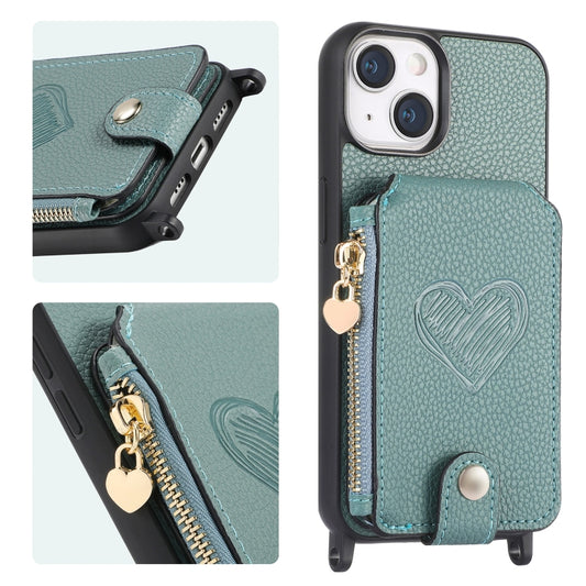 For iPhone 15 Crossbody Love Zipper Leather Back Phone Case(Green) - iPhone 15 Cases by buy2fix | Online Shopping UK | buy2fix