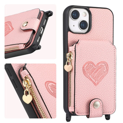 For iPhone 15 Crossbody Love Zipper Leather Back Phone Case(Pink) - iPhone 15 Cases by buy2fix | Online Shopping UK | buy2fix