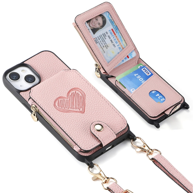 For iPhone 15 Crossbody Love Zipper Leather Back Phone Case(Pink) - iPhone 15 Cases by buy2fix | Online Shopping UK | buy2fix