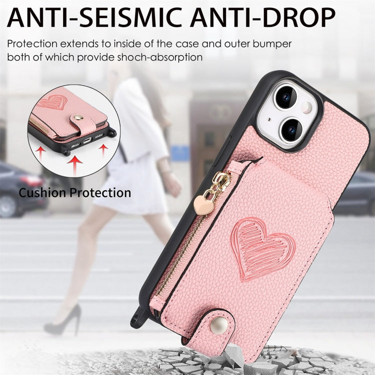 For iPhone 15 Crossbody Love Zipper Leather Back Phone Case(Pink) - iPhone 15 Cases by buy2fix | Online Shopping UK | buy2fix