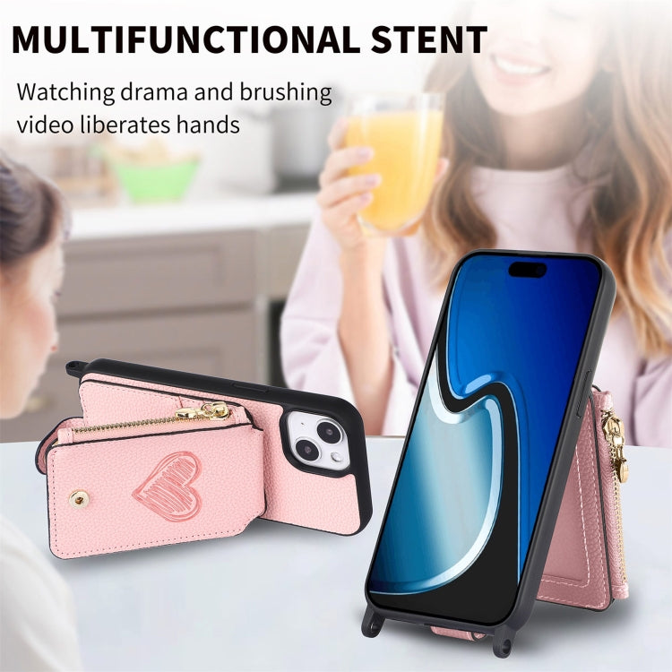 For iPhone 15 Crossbody Love Zipper Leather Back Phone Case(Pink) - iPhone 15 Cases by buy2fix | Online Shopping UK | buy2fix
