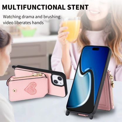 For iPhone 15 Crossbody Love Zipper Leather Back Phone Case(Pink) - iPhone 15 Cases by buy2fix | Online Shopping UK | buy2fix