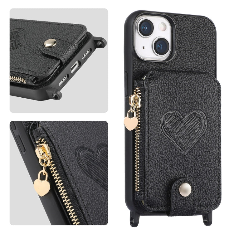 For iPhone 15 Crossbody Love Zipper Leather Back Phone Case(Black) - iPhone 15 Cases by buy2fix | Online Shopping UK | buy2fix