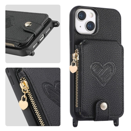 For iPhone 15 Crossbody Love Zipper Leather Back Phone Case(Black) - iPhone 15 Cases by buy2fix | Online Shopping UK | buy2fix