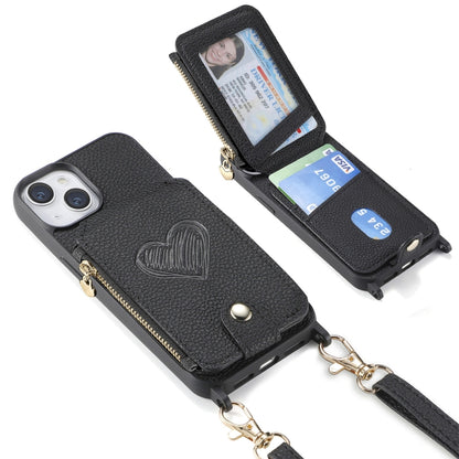 For iPhone 15 Crossbody Love Zipper Leather Back Phone Case(Black) - iPhone 15 Cases by buy2fix | Online Shopping UK | buy2fix