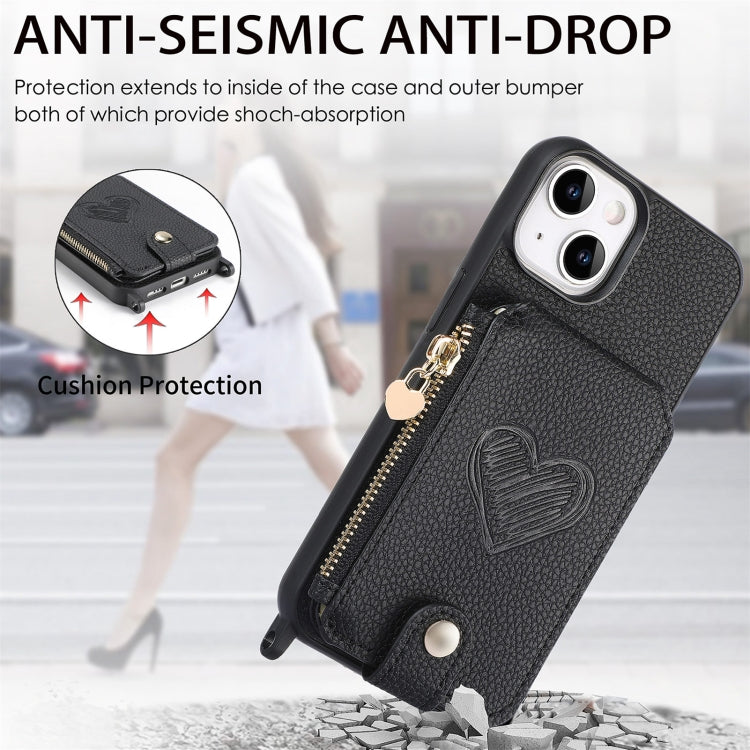 For iPhone 15 Crossbody Love Zipper Leather Back Phone Case(Black) - iPhone 15 Cases by buy2fix | Online Shopping UK | buy2fix