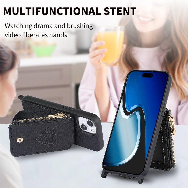 For iPhone 15 Crossbody Love Zipper Leather Back Phone Case(Black) - iPhone 15 Cases by buy2fix | Online Shopping UK | buy2fix