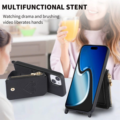 For iPhone 15 Crossbody Love Zipper Leather Back Phone Case(Black) - iPhone 15 Cases by buy2fix | Online Shopping UK | buy2fix
