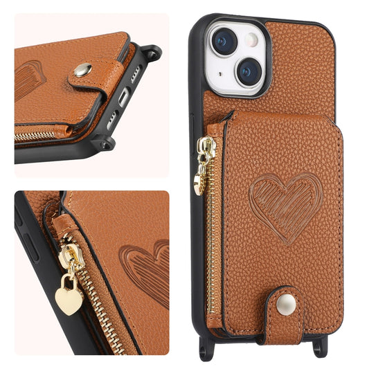 For iPhone 15 Crossbody Love Zipper Leather Back Phone Case(Brown) - iPhone 15 Cases by buy2fix | Online Shopping UK | buy2fix