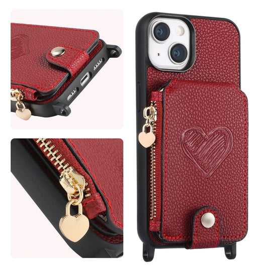 For iPhone 15 Crossbody Love Zipper Leather Back Phone Case(Red) - iPhone 15 Cases by buy2fix | Online Shopping UK | buy2fix