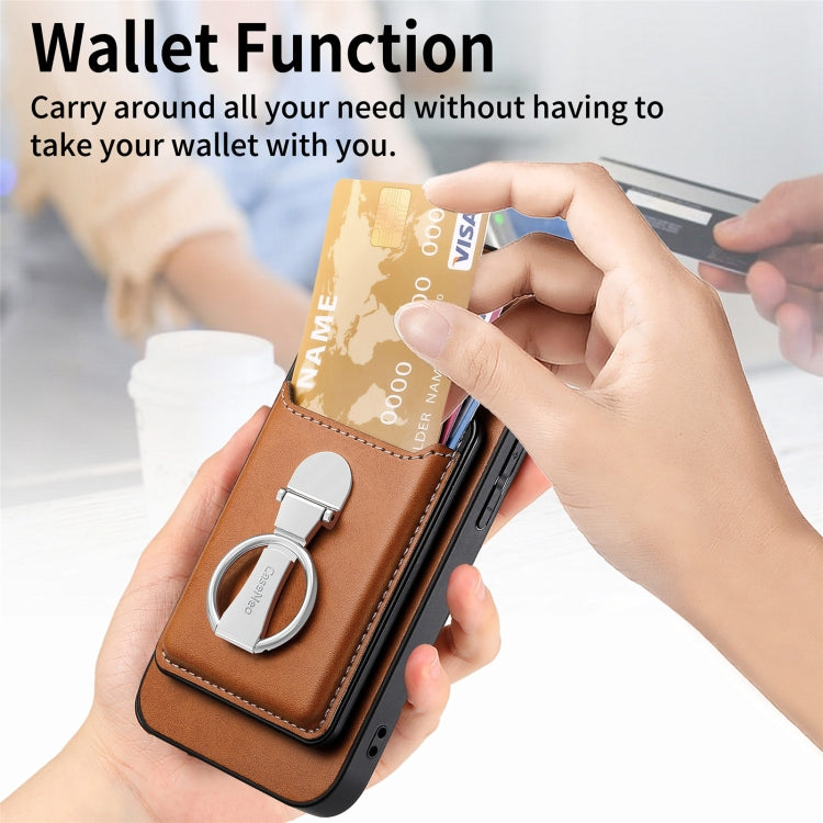 For iPhone 15 Plus Skin Feel Ring Holder Wallet Magnetic Phone Case(Brown) - iPhone 15 Plus Cases by buy2fix | Online Shopping UK | buy2fix