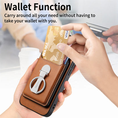 For iPhone 15 Plus Skin Feel Ring Holder Wallet Magnetic Phone Case(Brown) - iPhone 15 Plus Cases by buy2fix | Online Shopping UK | buy2fix