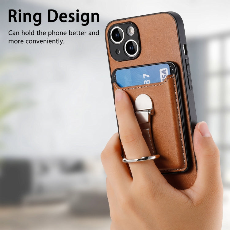 For iPhone 15 Plus Skin Feel Ring Holder Wallet Magnetic Phone Case(Brown) - iPhone 15 Plus Cases by buy2fix | Online Shopping UK | buy2fix
