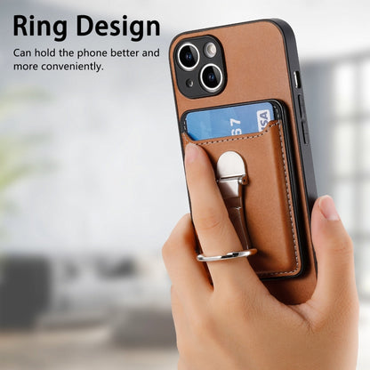 For iPhone 15 Plus Skin Feel Ring Holder Wallet Magnetic Phone Case(Brown) - iPhone 15 Plus Cases by buy2fix | Online Shopping UK | buy2fix
