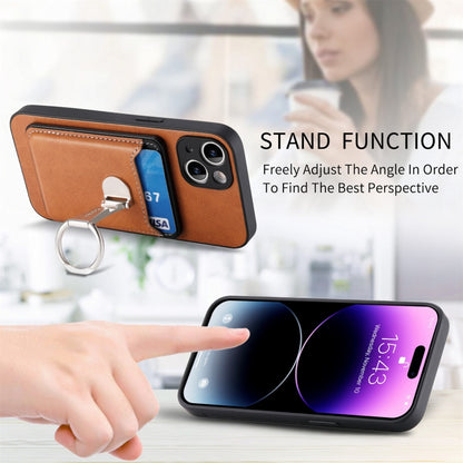 For iPhone 15 Plus Skin Feel Ring Holder Wallet Magnetic Phone Case(Brown) - iPhone 15 Plus Cases by buy2fix | Online Shopping UK | buy2fix