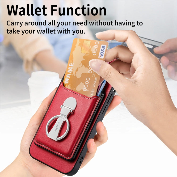 For iPhone 15 Plus Skin Feel Ring Holder Wallet Magnetic Phone Case(Red) - iPhone 15 Plus Cases by buy2fix | Online Shopping UK | buy2fix