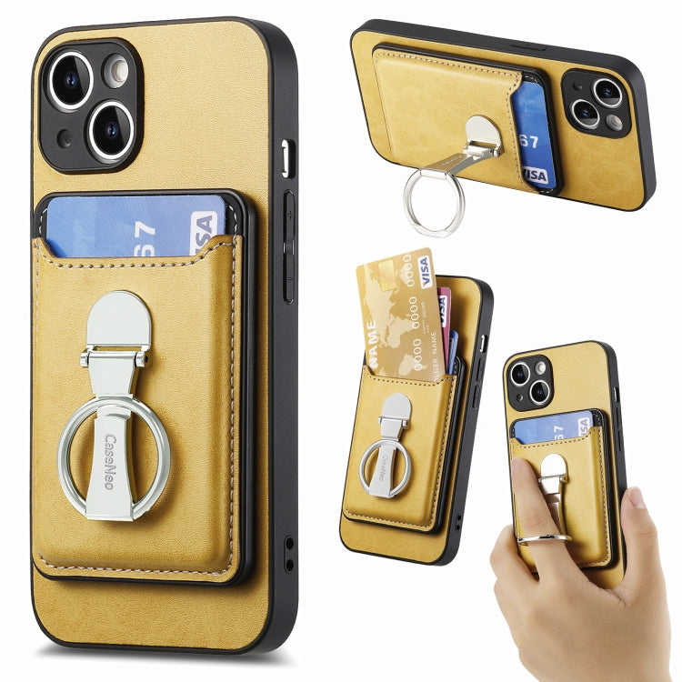 For iPhone 15 Plus Skin Feel Ring Holder Wallet Magnetic Phone Case(Yellow) - iPhone 15 Plus Cases by buy2fix | Online Shopping UK | buy2fix