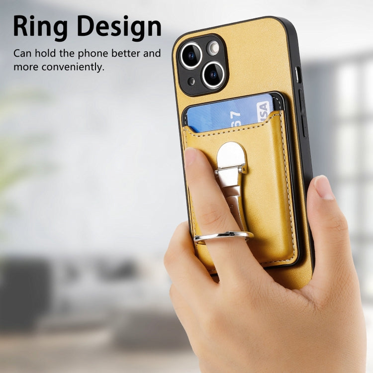 For iPhone 15 Plus Skin Feel Ring Holder Wallet Magnetic Phone Case(Yellow) - iPhone 15 Plus Cases by buy2fix | Online Shopping UK | buy2fix
