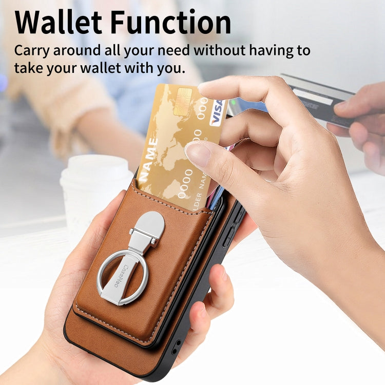 For iPhone 15 Pro Skin Feel Ring Holder Wallet Magnetic Phone Case(Brown) - iPhone 15 Pro Cases by buy2fix | Online Shopping UK | buy2fix