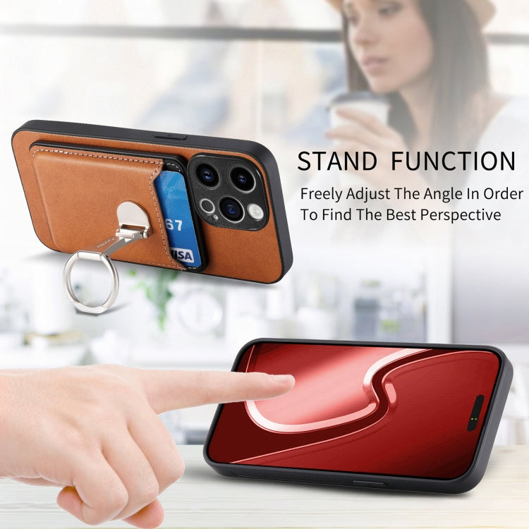 For iPhone 15 Pro Skin Feel Ring Holder Wallet Magnetic Phone Case(Brown) - iPhone 15 Pro Cases by buy2fix | Online Shopping UK | buy2fix