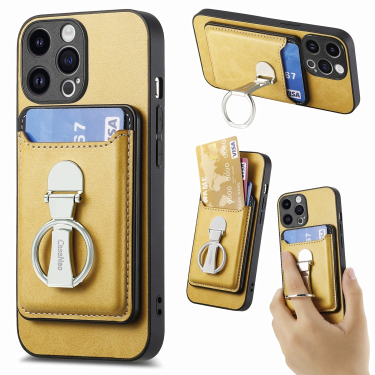 For iPhone 15 Pro Skin Feel Ring Holder Wallet Magnetic Phone Case(Yellow) - iPhone 15 Pro Cases by buy2fix | Online Shopping UK | buy2fix