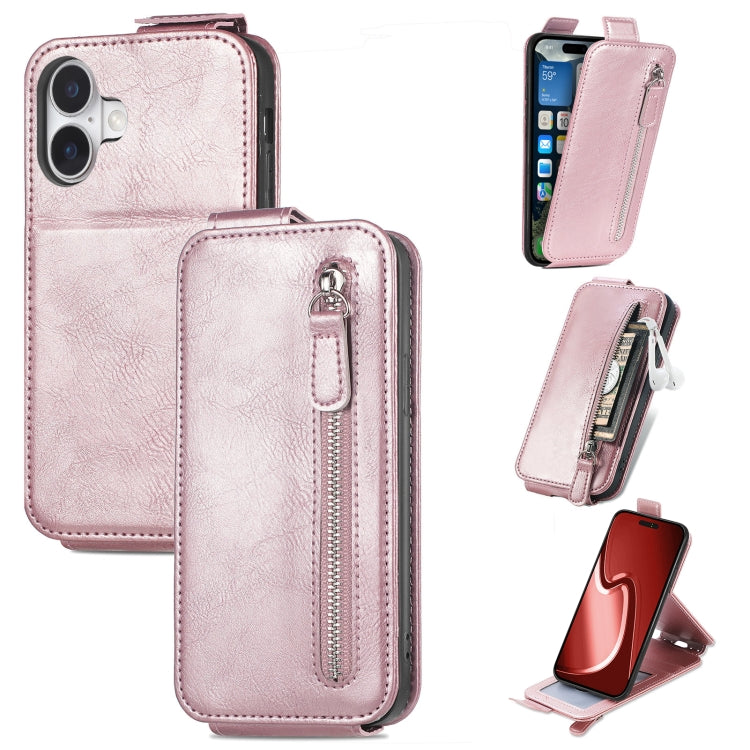 For iPhone 16 Plus Zipper Wallet Vertical Flip Leather Phone Case(Rose Gold) - iPhone 16 Plus Cases by buy2fix | Online Shopping UK | buy2fix