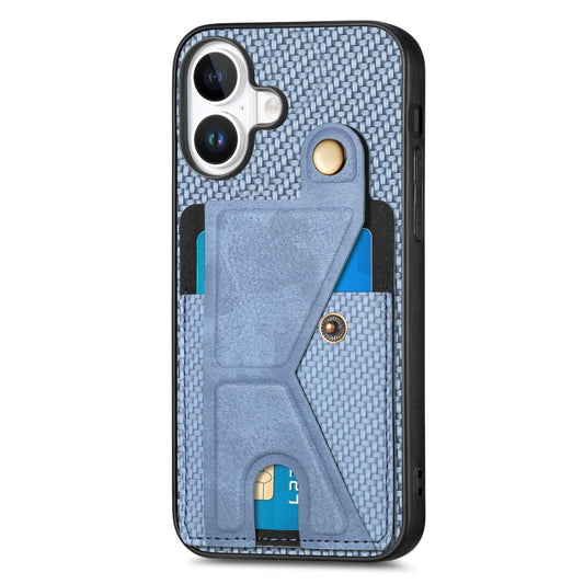 For iPhone 16 Carbon Fiber Wallet Flip Card K-shaped Holder Phone Case(Blue) by buy2fix