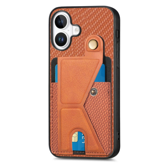 For iPhone 16 Plus Carbon Fiber Wallet Flip Card K-shaped Holder Phone Case(Brown) by buy2fix