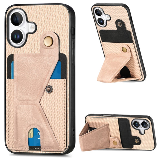 For iPhone 16 Plus Carbon Fiber Wallet Flip Card K-shaped Holder Phone Case(Khaki) - iPhone 16 Plus Cases by buy2fix | Online Shopping UK | buy2fix