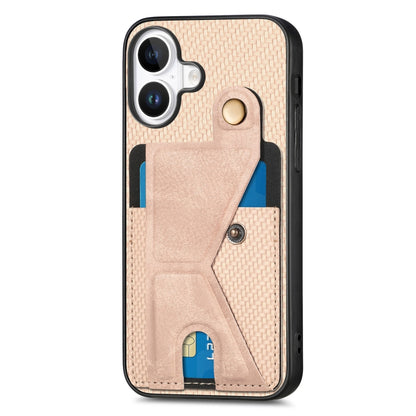 For iPhone 16 Plus Carbon Fiber Wallet Flip Card K-shaped Holder Phone Case(Khaki) - iPhone 16 Plus Cases by buy2fix | Online Shopping UK | buy2fix