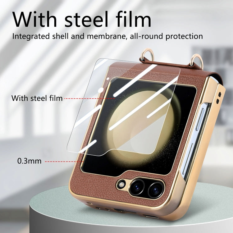 For Samsung Galaxy Z Flip5 5G Crossbody Litchi Texture PU Integrated Phone Case(Brown) - Galaxy Z Flip5 Cases by buy2fix | Online Shopping UK | buy2fix