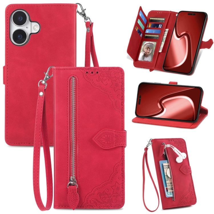 For iPhone 16 Embossed Flower Zipper Leather Phone Case(Red) by buy2fix