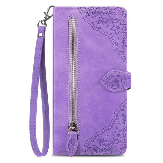 For iPhone 16 Embossed Flower Zipper Leather Phone Case(Purple) by buy2fix